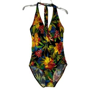 Islander size 14 one piece swimsuit Hibiscus flower halter tie floral black